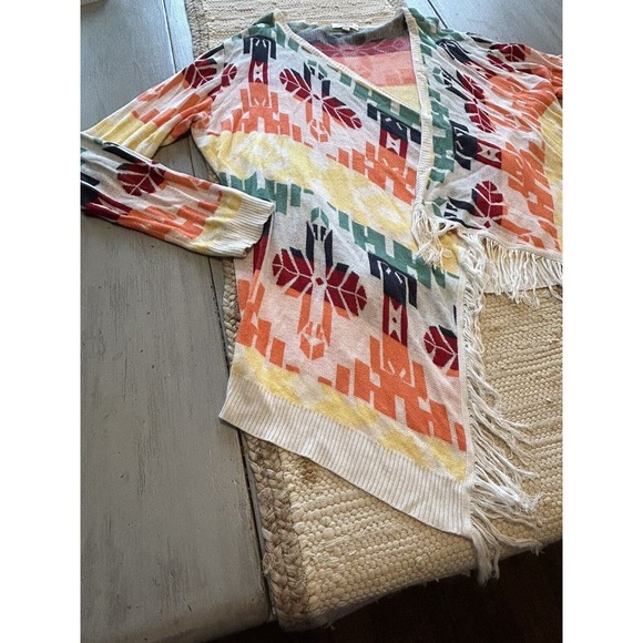 Umgee White Multi Rainbow Color Open Front Cardigan Sz M Fringe Southwest Aztec - Picture 2 of 9